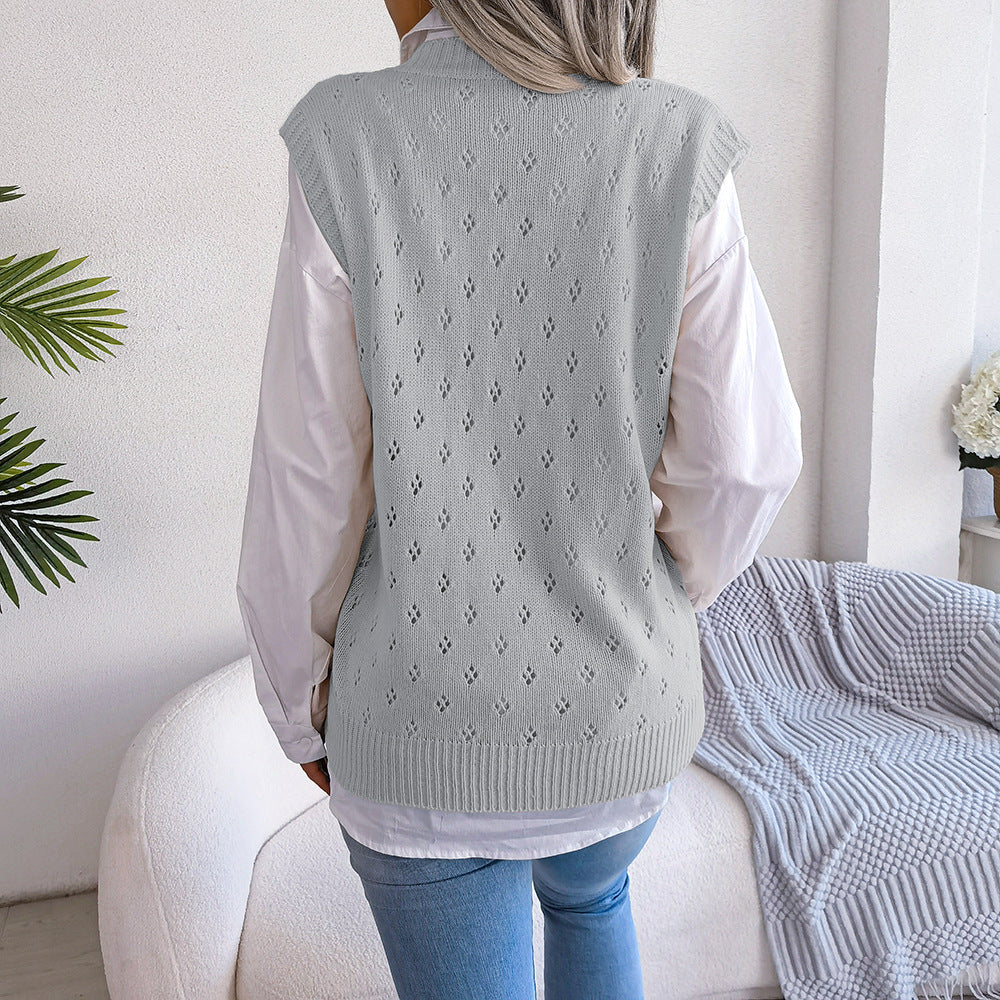 Lässiger Strickwestenpullover mit ausgehöhlten Ausschnitten und V-Ausschnitt für Damen