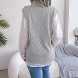 Lässiger Strickwestenpullover mit ausgehöhlten Ausschnitten und V-Ausschnitt für Damen