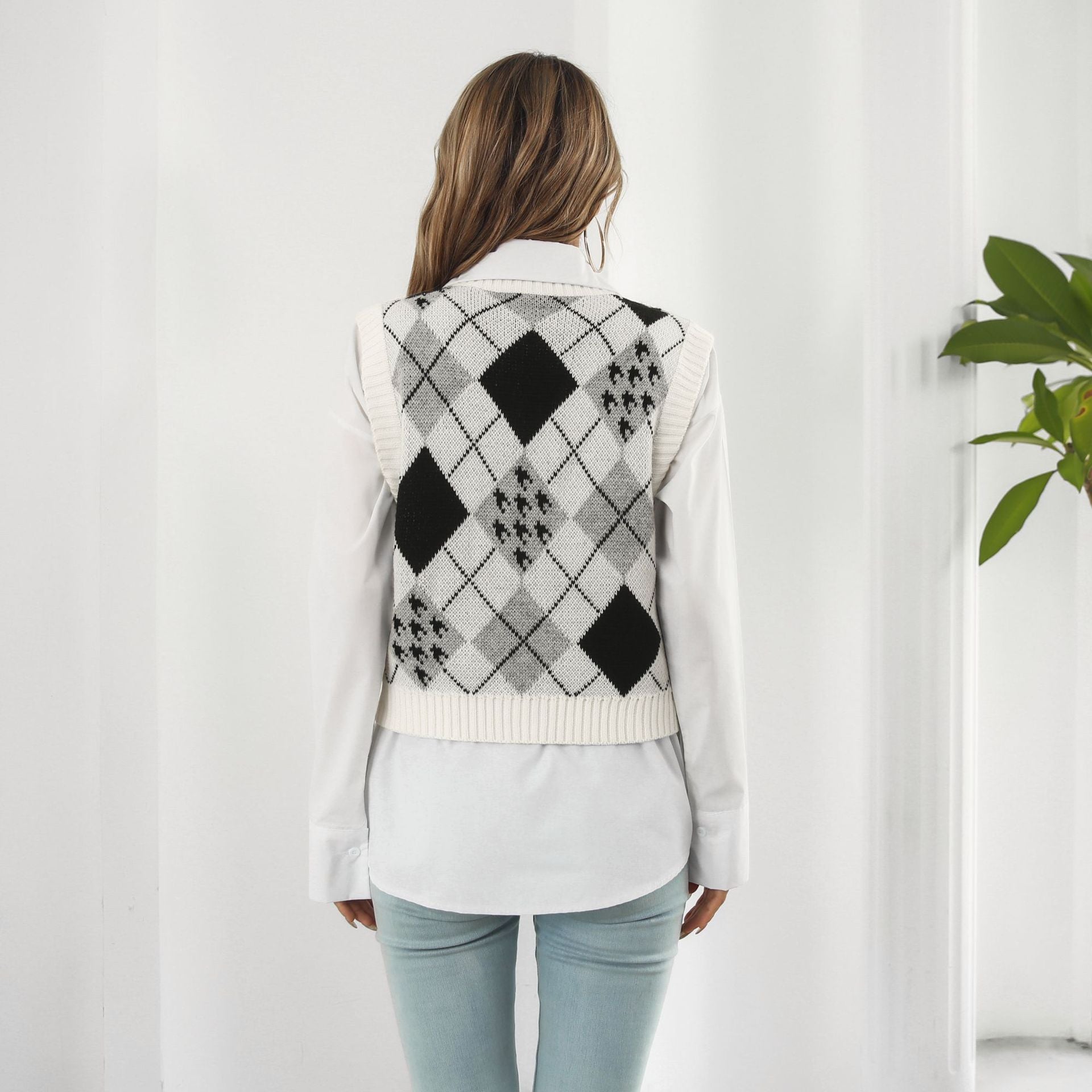 Jacquard-Westenpullover mit Hahnentrittmuster und Rautenmuster für Damen