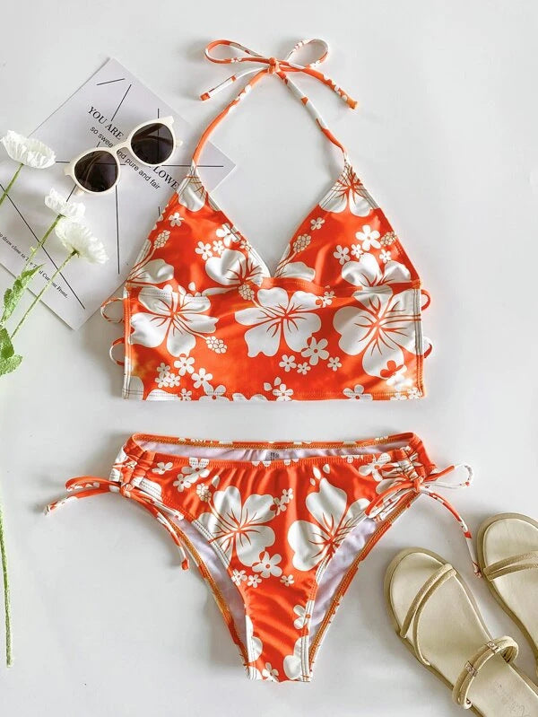 Sexy Bikini-Set mit Blumen-Ausschnitt und hoher Taille