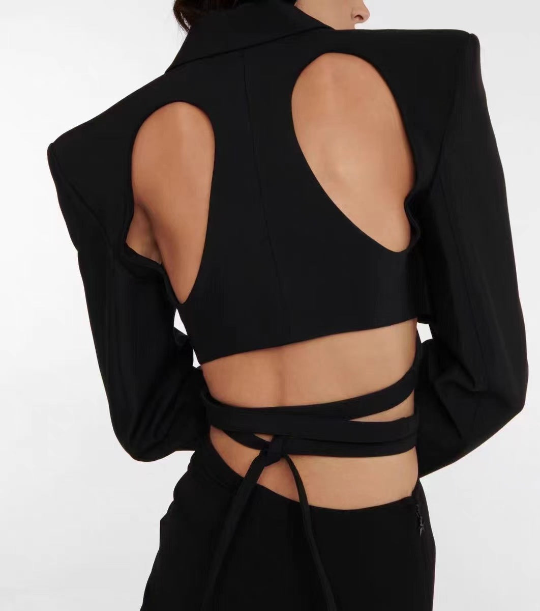 Cutout Backless Crop Black Blazer Top