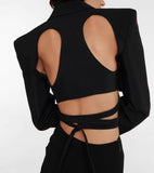 Cutout Backless Crop Black Blazer Top