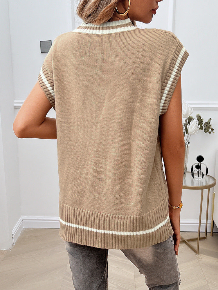 Lockerer, lässiger Weste-Pullover mit V-Ausschnitt und Kontrastfarbe für Damen