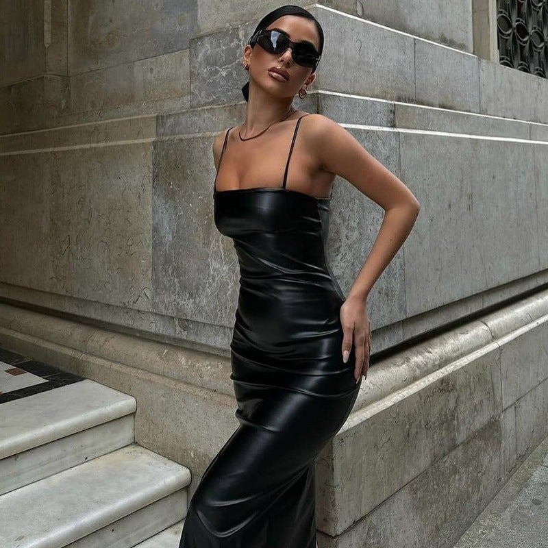 Faux Leather Backless Lace-Up Tight Waist Sheath Split Sling Dress