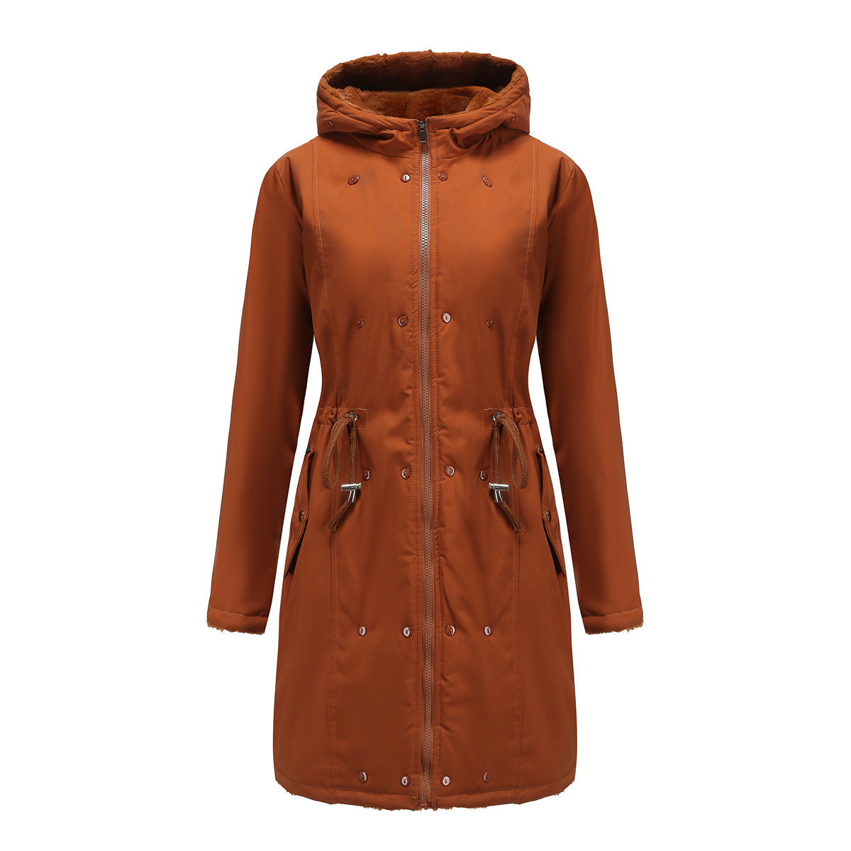 Mid-Length Padded Parka with Fur Collar
