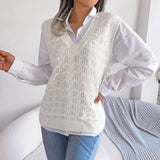 Einfarbiger, ausgehöhlter, Ausschnitt, gewellter Strickwestenpullover mit V-Ausschnitt für Damen