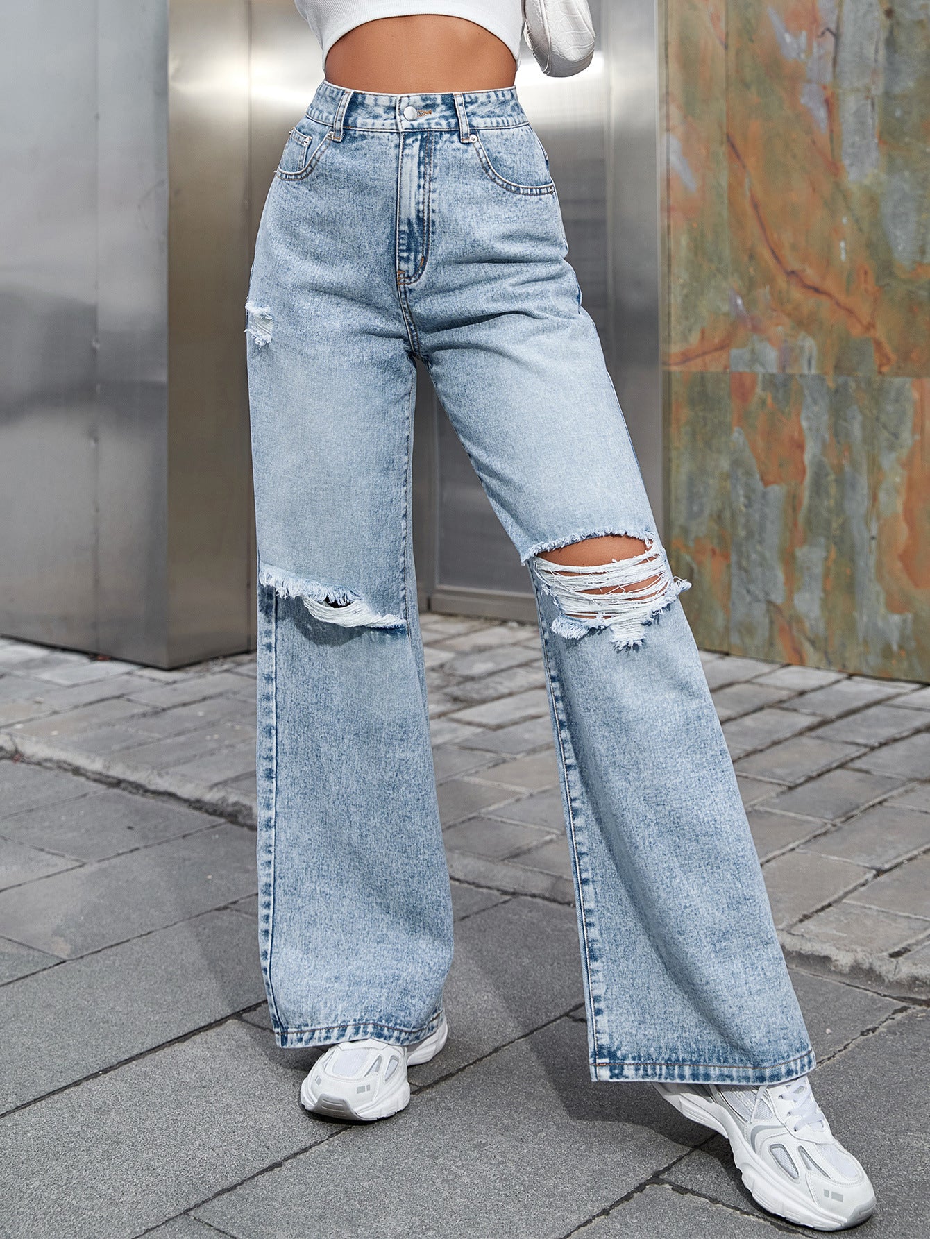 High Waist Wide Leg Distressed Jeans