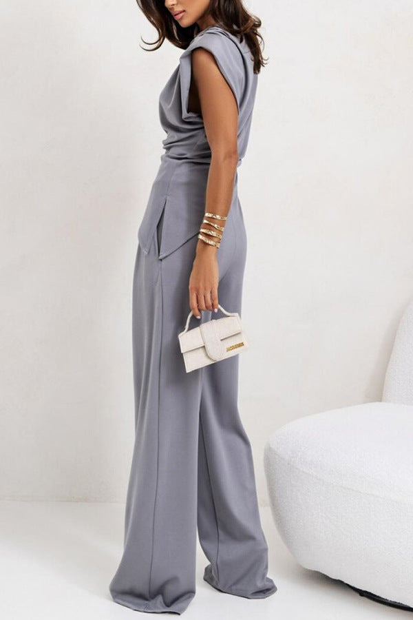 Asymmetric Top and Pants Solid Color Set