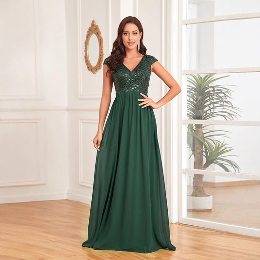 Grünes Maxi-Cocktailkleid mit Fischschwanzärmeln aus Chiffon