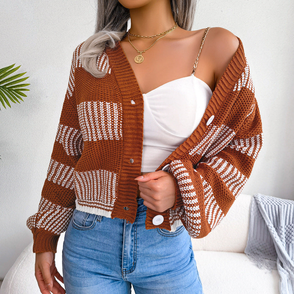 Striped Lantern Sleeve Cardigan Sweater Coat