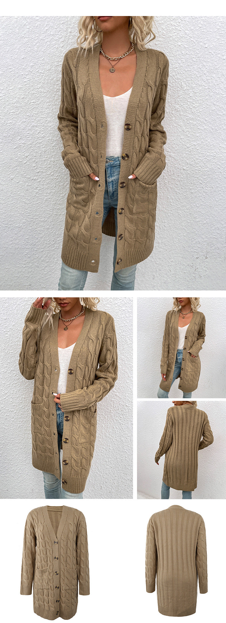 Langer Zopfmuster-Cardigan mit Knöpfen