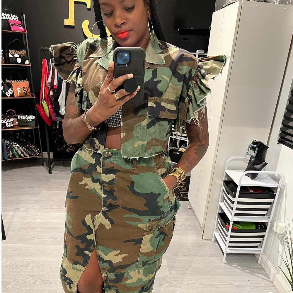 Camouflage Flounce Sleeve Pocket Short Sleeve Cardigan for Women