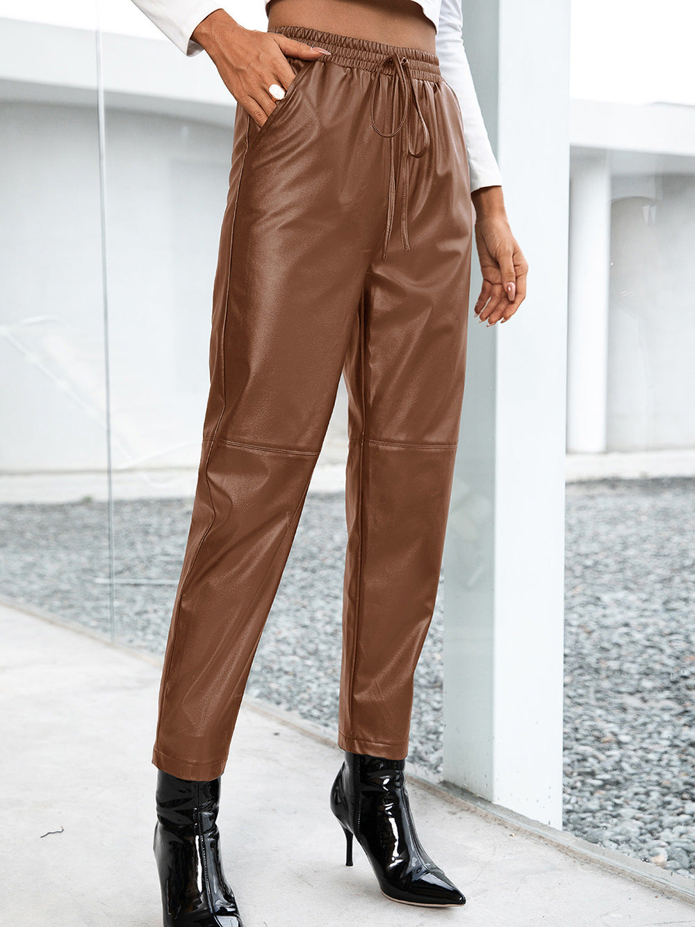 Faux Leather Loose Motorcycle Pants for Women