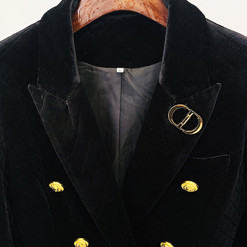 Metal Lion Buckle Plaid Blazer Coat