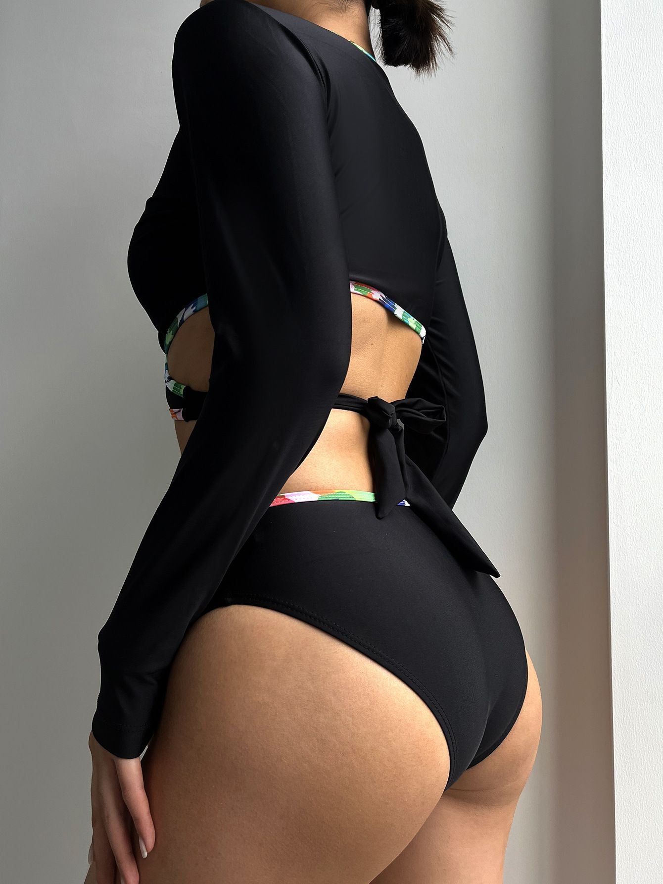 Solid Color Long Sleeve Cutout Ring Tie Bikini Swimsuit