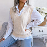 Lässiger Strickwestenpullover mit ausgehöhlten Ausschnitten und V-Ausschnitt für Damen