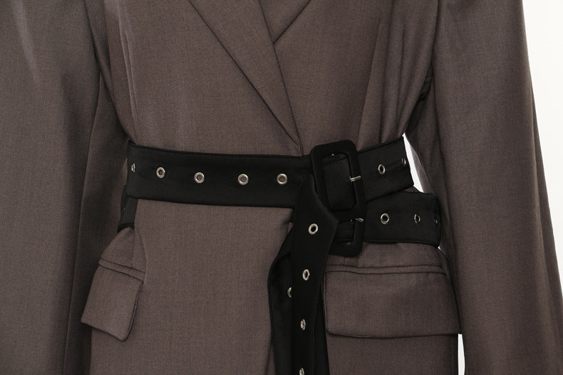 Double Belt Asymmetric Long Blazer Top
