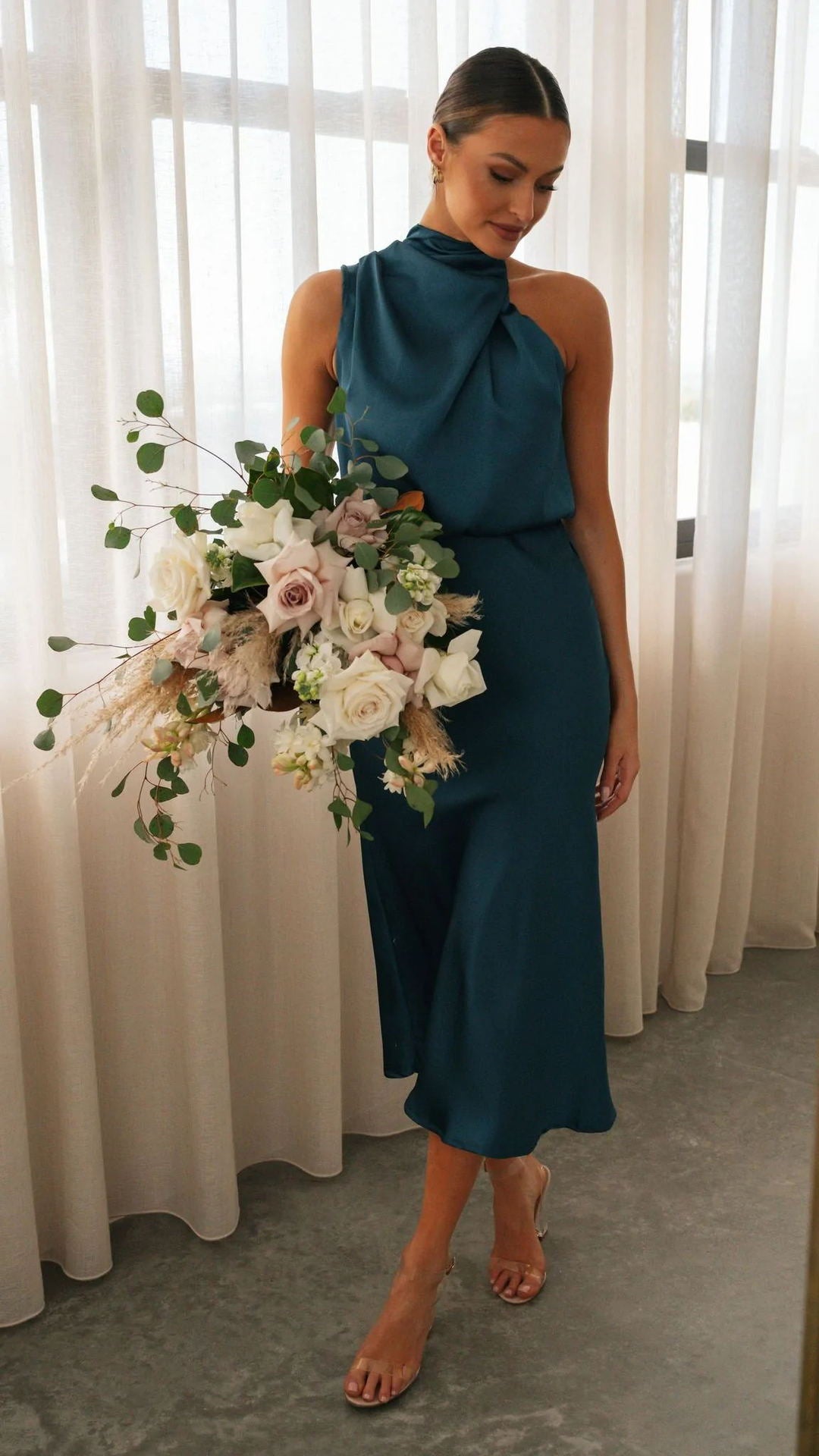 Elegant Sleeveless Halter Satin Dress – Solid Color & Chic