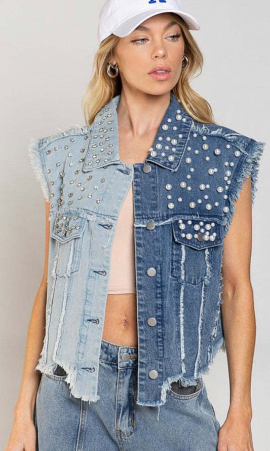 Jeansweste mit Perlen-Patchwork