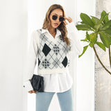 Jacquard-Westenpullover mit Hahnentrittmuster und Rautenmuster für Damen