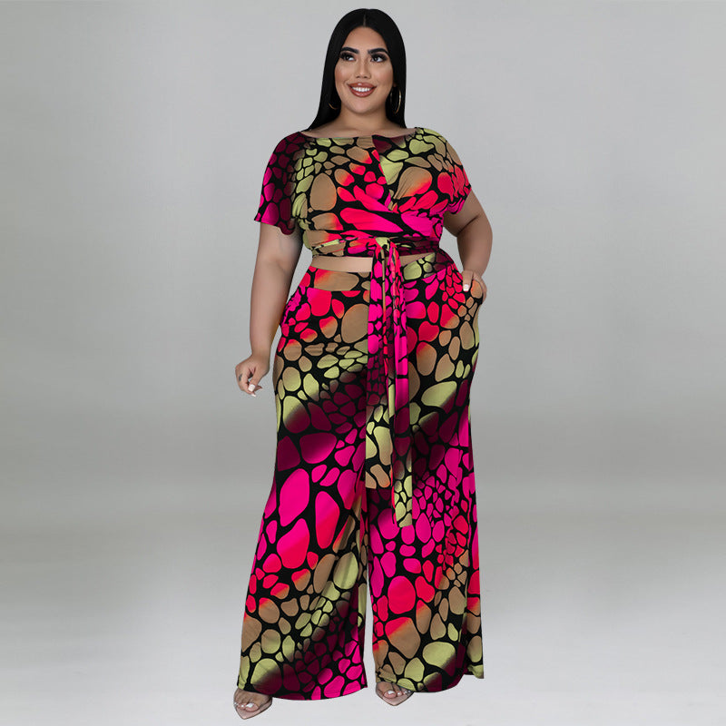 Plus Size Summer Printed Knitted Casual Lace-Up Two-Piece Set