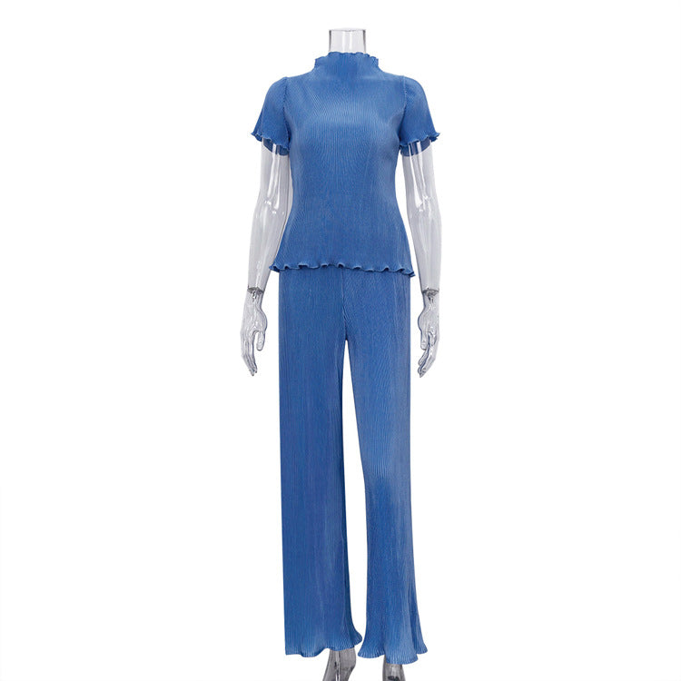High Waist Blue Wide Leg Pants Suit