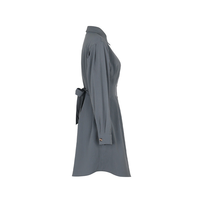 Dark Grey Long Sleeve Solid Color Shirt Dress