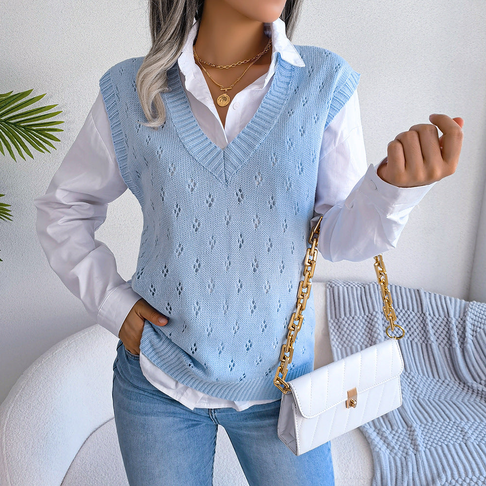 Lässiger Strickwestenpullover mit ausgehöhlten Ausschnitten und V-Ausschnitt für Damen