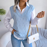 Lässiger Strickwestenpullover mit ausgehöhlten Ausschnitten und V-Ausschnitt für Damen
