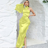 Sexy One-Shoulder-Dinnerparty-Kleid mit langen Ärmeln und seitlichem Schlitz aus Spitze