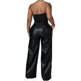 Solid Color Wide Leg Faux Leather Pants