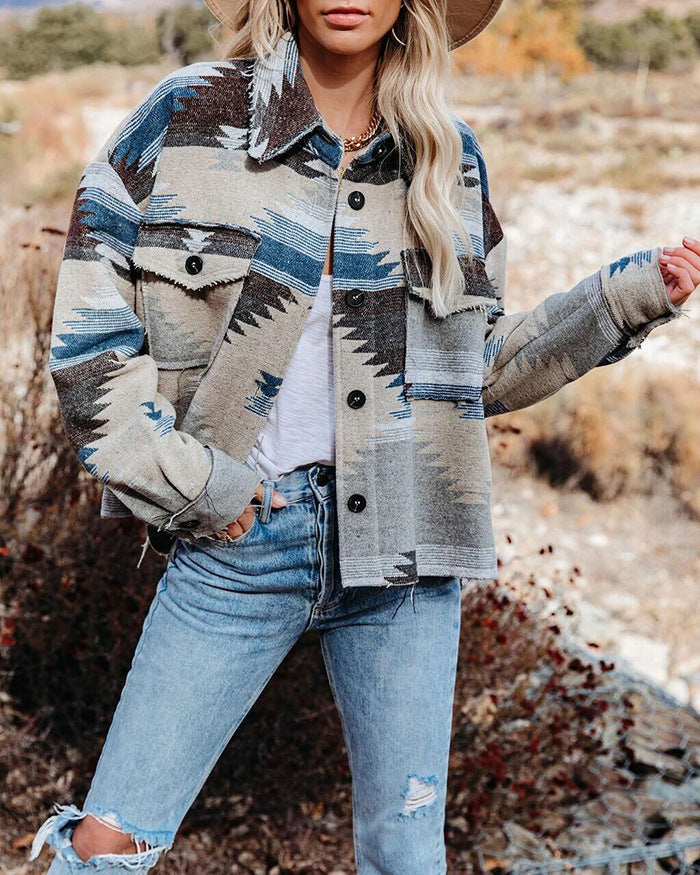 Woll-Baggy-Mantel mit Azteken-Print für Damen