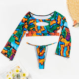 Long Sleeve Cutout Tie Dye Print Two-Piece Swimsuit
