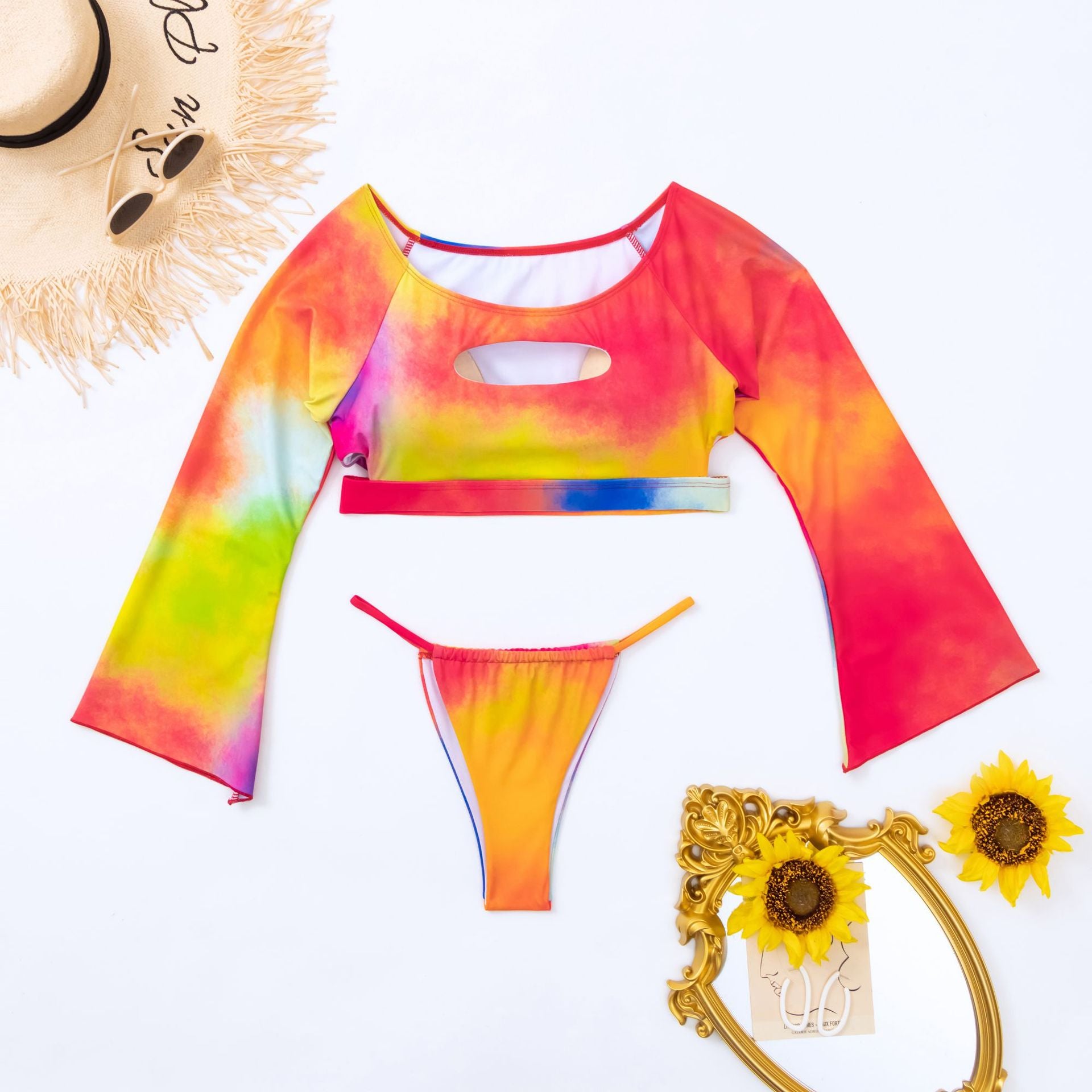 Long Sleeve Cutout Tie Dye Print Two-Piece Swimsuit