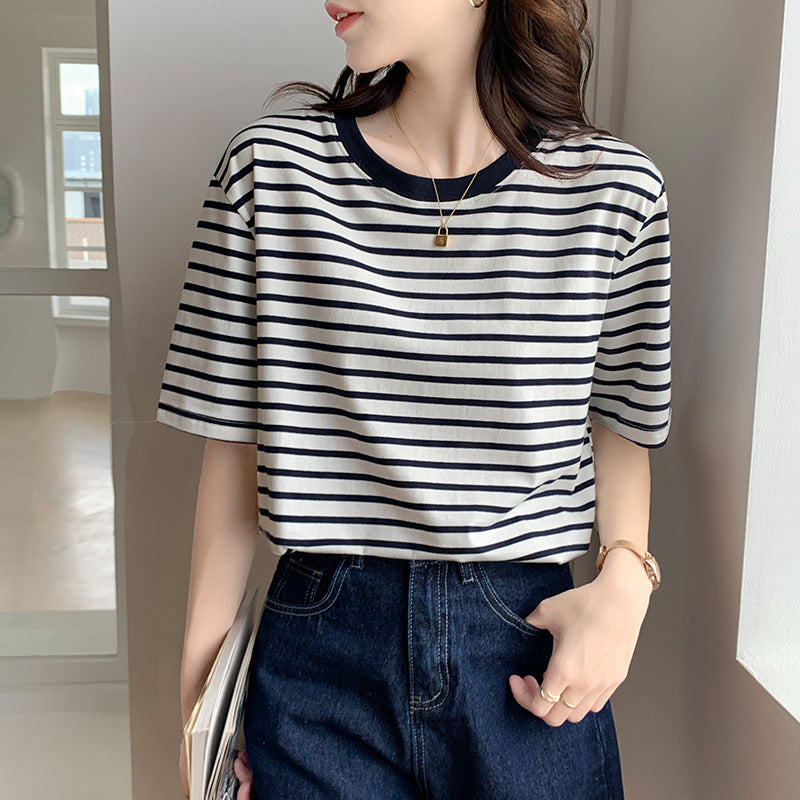 Green Striped Short Sleeve Loose Cotton T-Shirt for Women