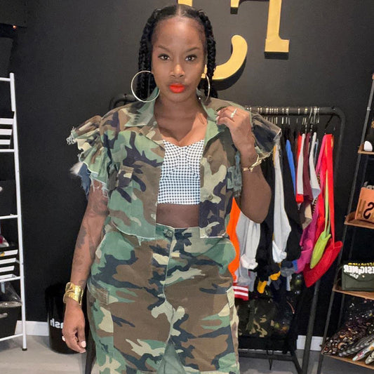 Camouflage Flounce Sleeve Pocket Short Sleeve Cardigan for Women