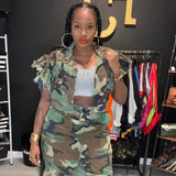 Camouflage Flounce Sleeve Pocket Short Sleeve Cardigan for Women