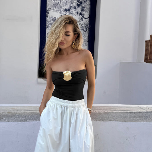Black Tube Top One-Piece Swimsuit with Detachable Shoulder Strap