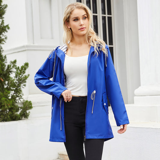 Hooded Striped Waterproof Trench Coat