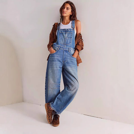 Vintage Washed Loose Cargo Suspender Jeans