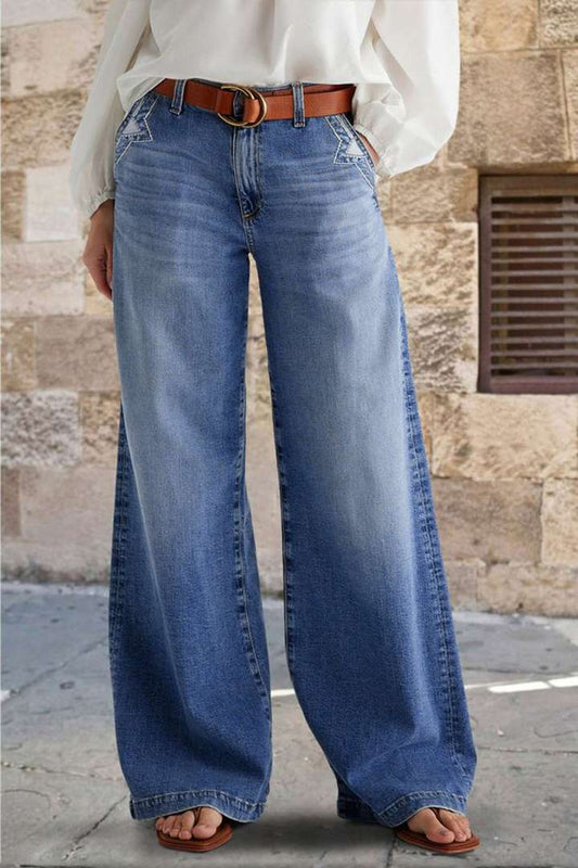 Retro Wide Leg Embroidered Jeans for Women