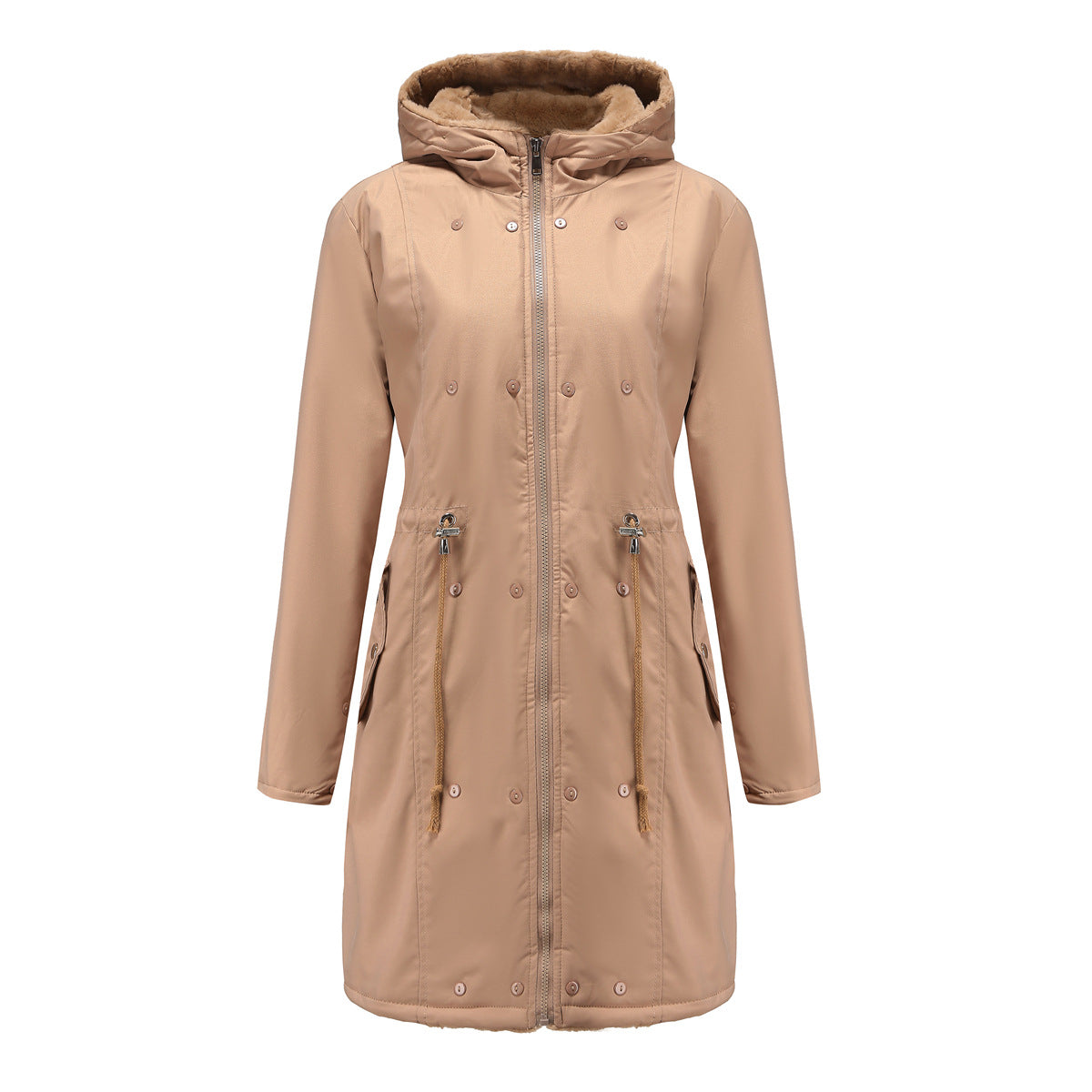 Mid-Length Padded Parka with Fur Collar