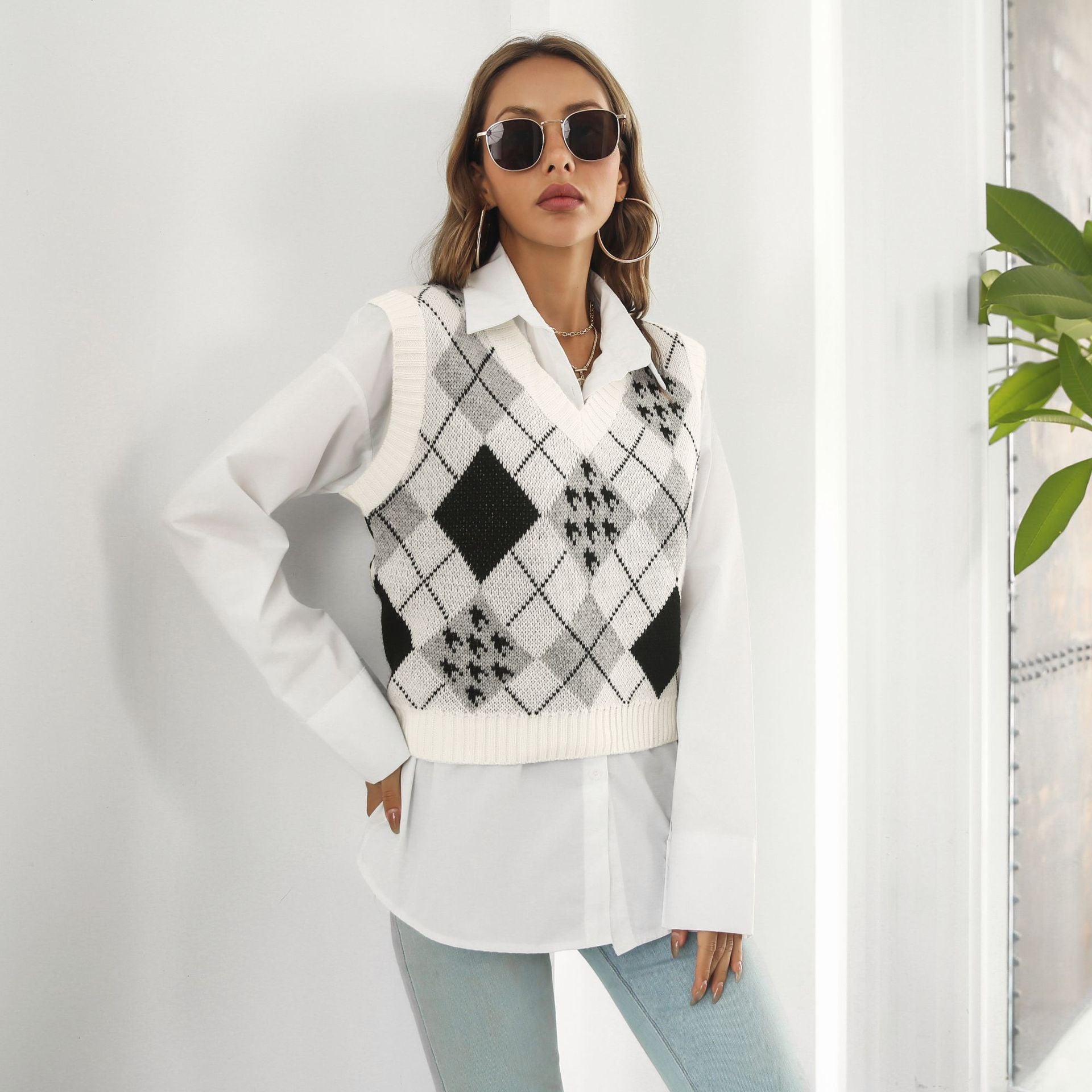 Jacquard-Westenpullover mit Hahnentrittmuster und Rautenmuster für Damen