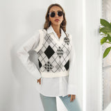 Jacquard-Westenpullover mit Hahnentrittmuster und Rautenmuster für Damen