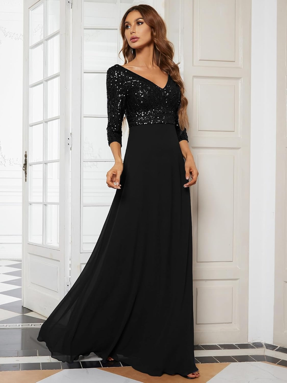 Robe de soirée trapèze en mousseline de soie à double col en V et paillettes