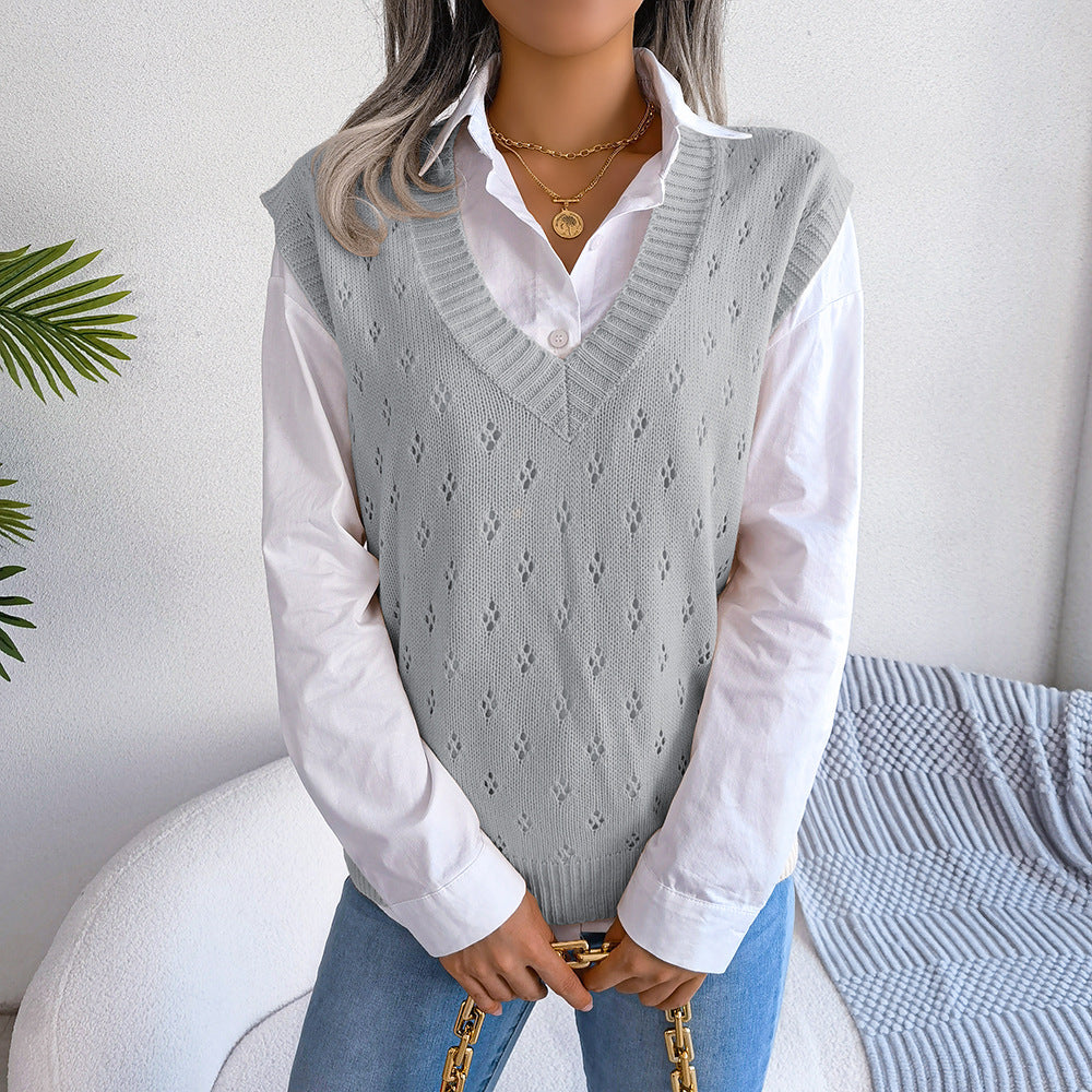 Lässiger Strickwestenpullover mit ausgehöhlten Ausschnitten und V-Ausschnitt für Damen