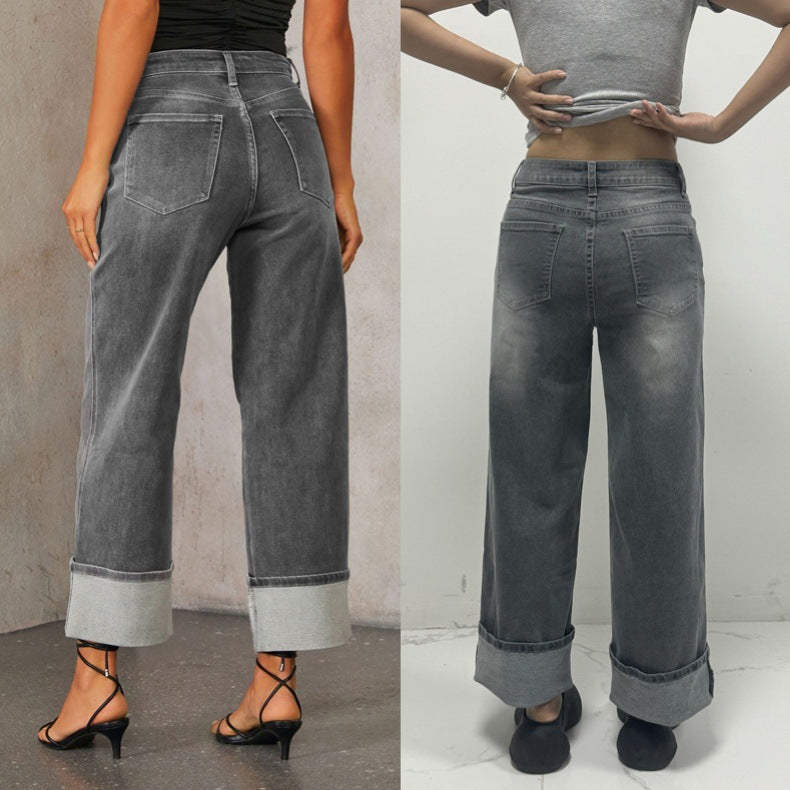 Retro High Waist Elastic Straight Jeans