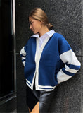 Lockerer, lässiger Strickjacke in Kontrastfarbe für Damen – gestreifter, schlichter Strickpullovermantel