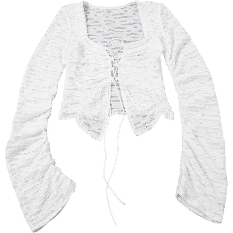 White Cutout Lace-Up Long Sleeve Cardigan for Women