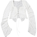 White Cutout Lace-Up Long Sleeve Cardigan for Women